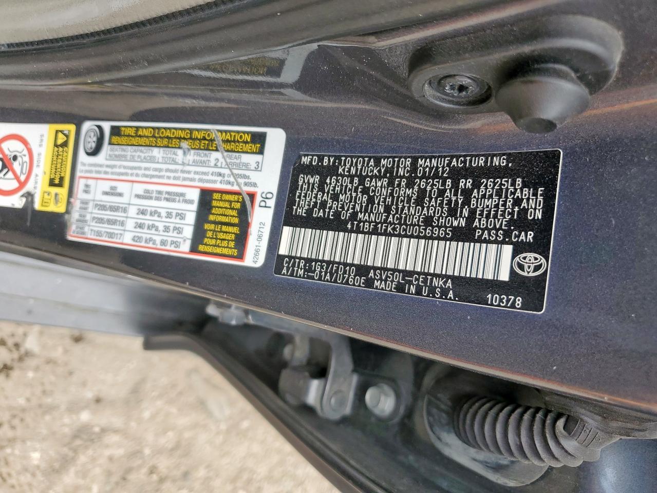2012 Toyota Camry Base VIN: 4T1BF1FK3CU056965 Lot: 62636385