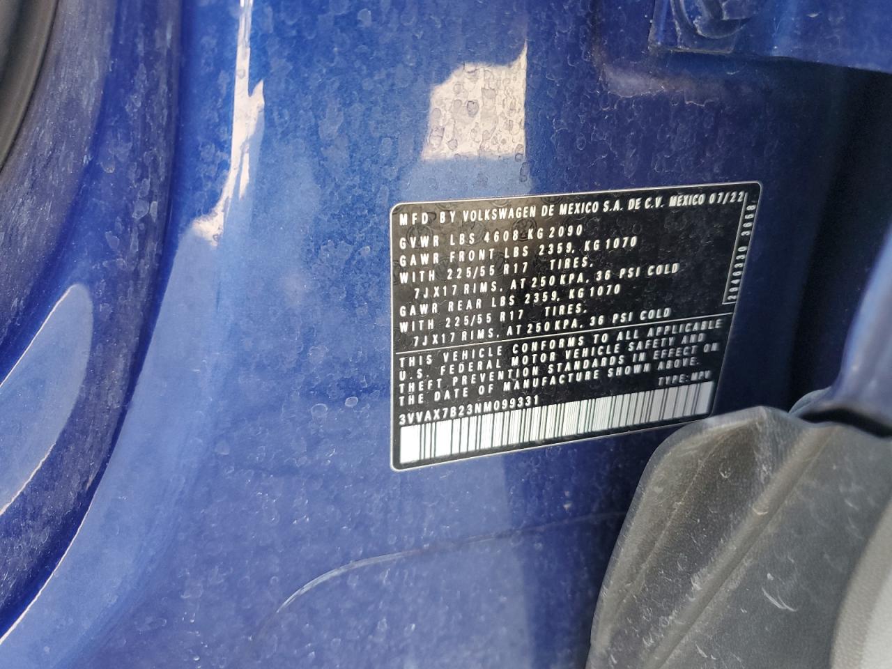 2022 Volkswagen Taos S VIN: 3VVAX7B23NM099331 Lot: 62068065