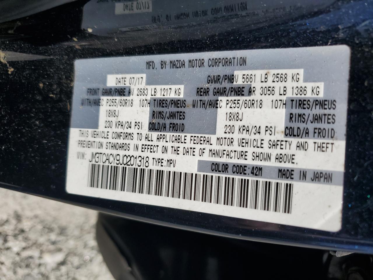 2018 Mazda Cx-9 Touring VIN: JM3TCACY9J0201318 Lot: 61331895