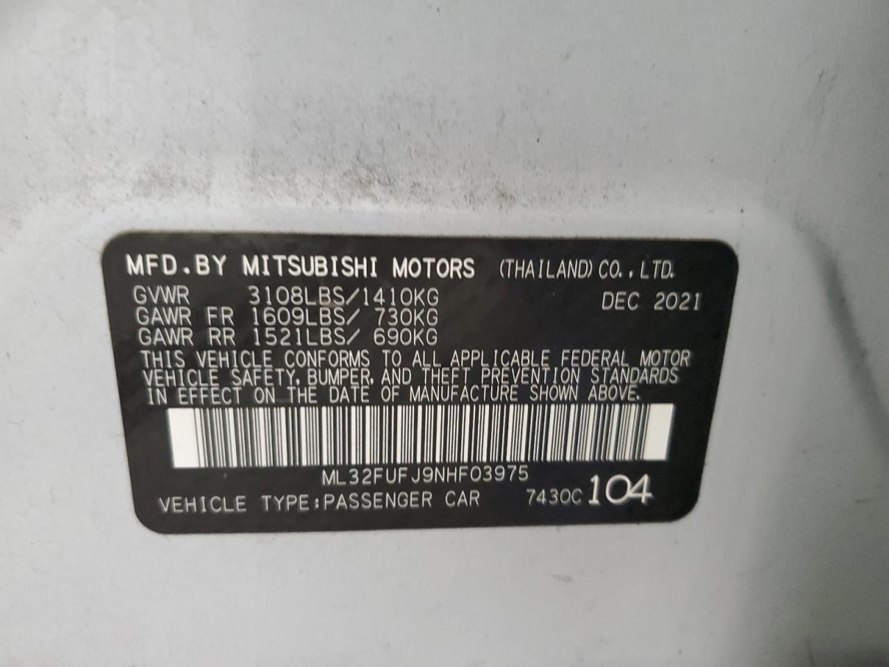 2022 Mitsubishi Mirage G4 Es VIN: ML32FUFJ9NHF03975 Lot: 62661415