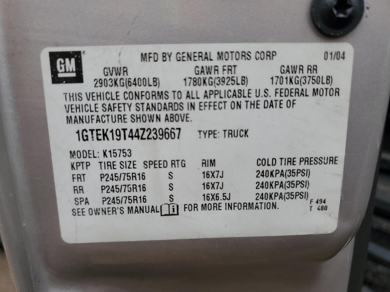 2004 GMC New Sierra K1500 VIN: 1GTEK19T44Z239667 Lot: 61437835