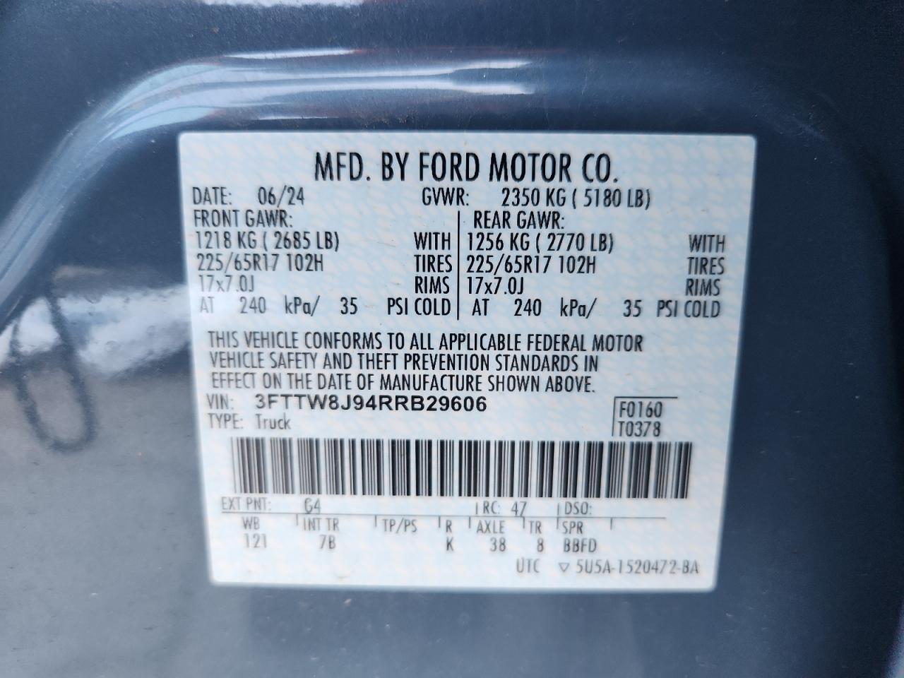 2024 Ford Maverick Xlt VIN: 3FTTW8J94RRB29606 Lot: 62650345