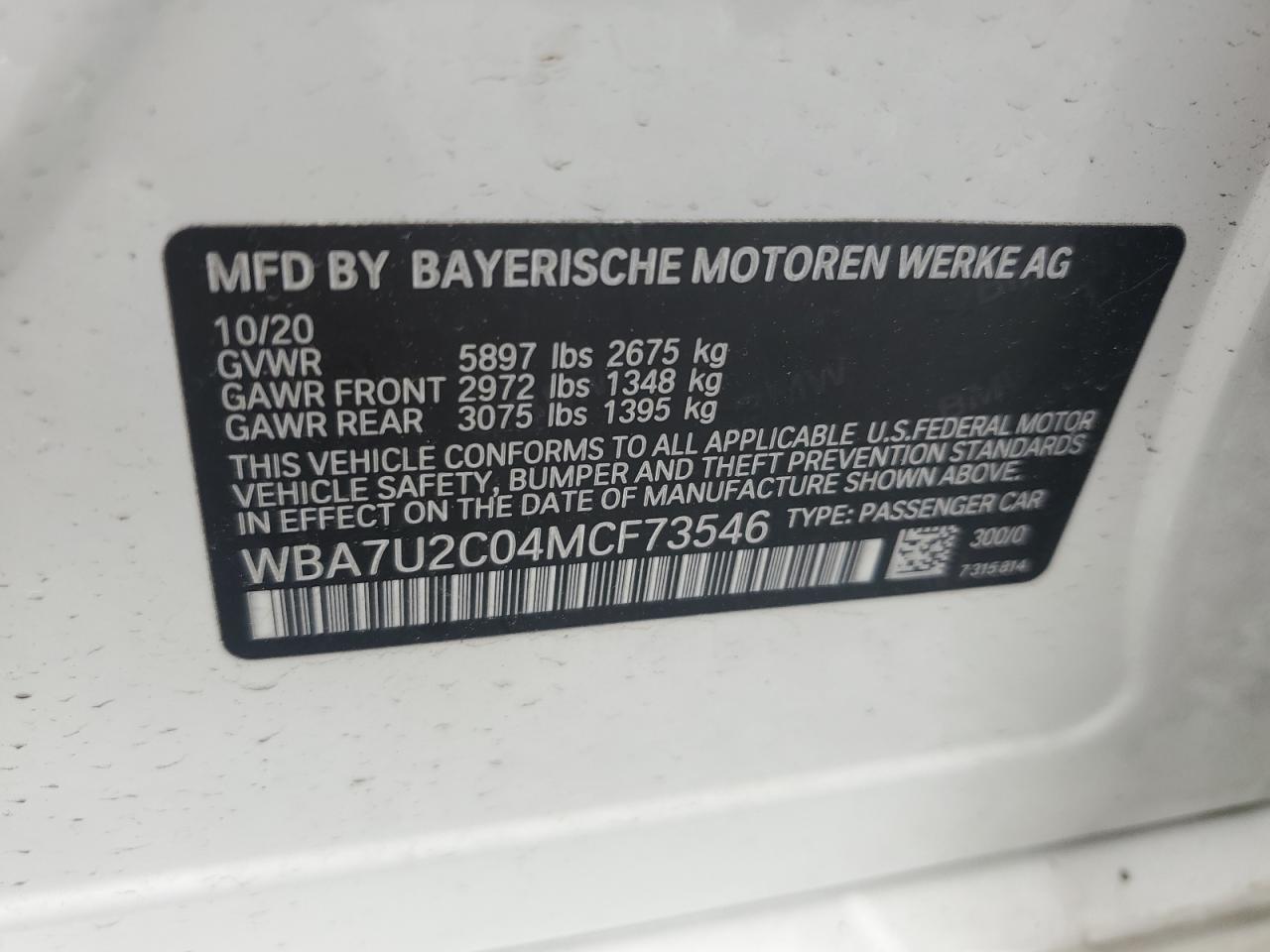 2021 BMW 750 Xi VIN: WBA7U2C04MCF73546 Lot: 62587275