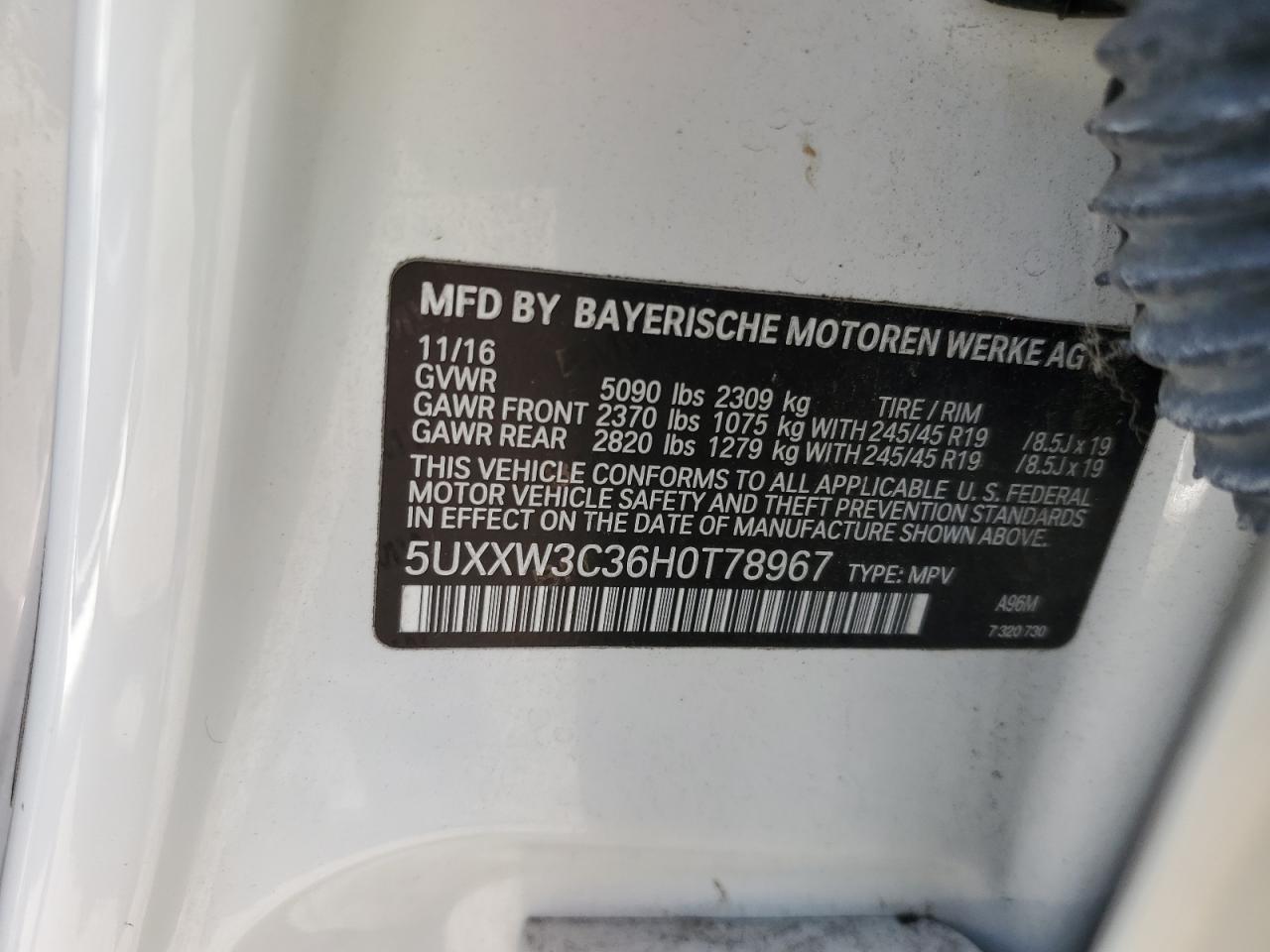 2017 BMW X4 xDrive28I VIN: 5UXXW3C36H0T78967 Lot: 62269105