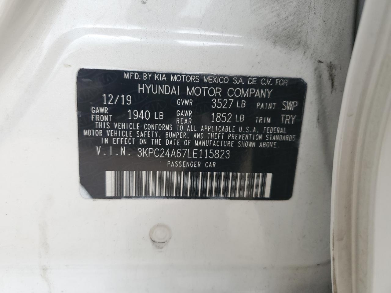 2020 Hyundai Accent Se VIN: 3KPC24A67LE115823 Lot: 60327135
