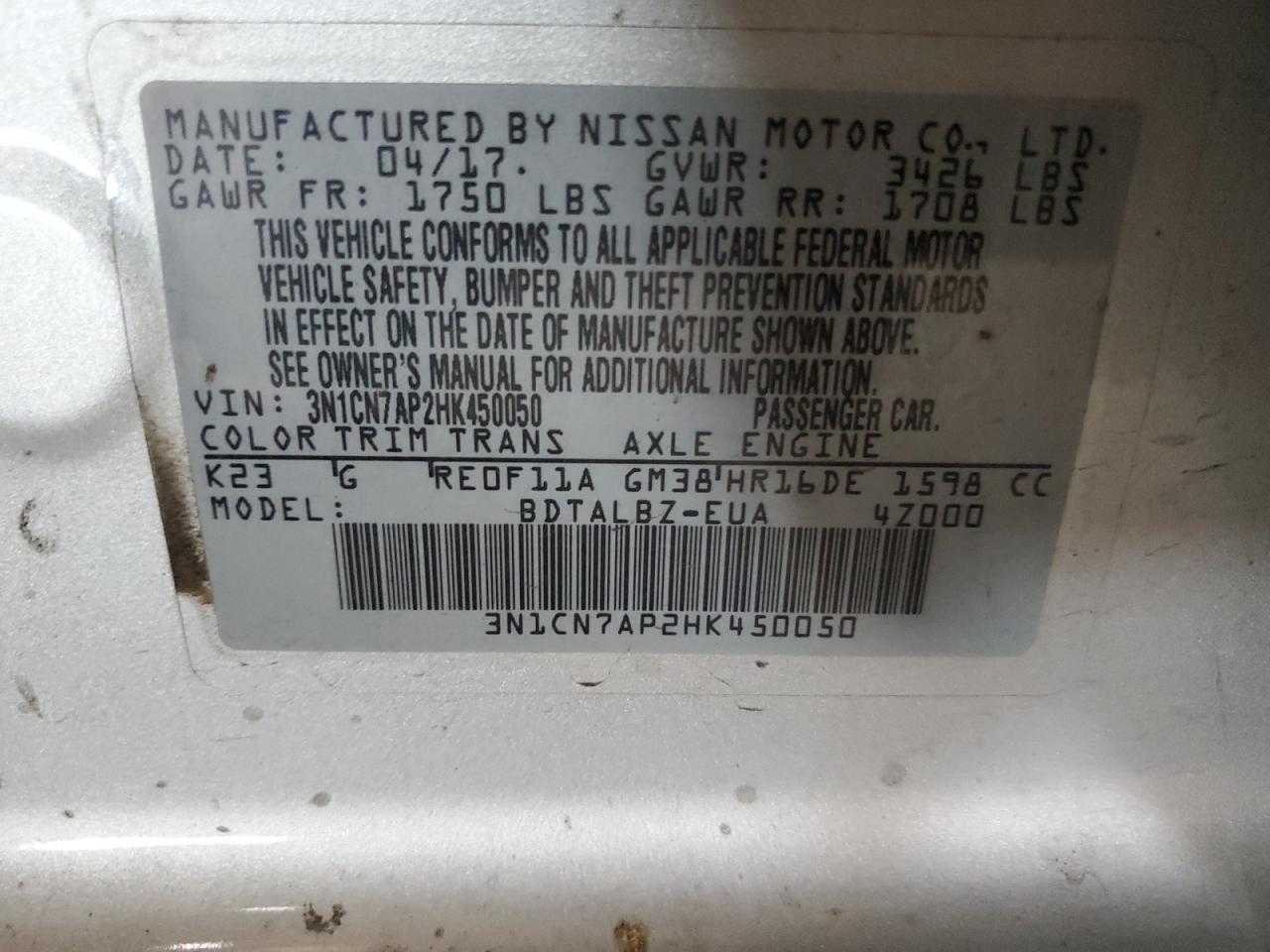 2017 Nissan Versa S VIN: 3N1CN7AP2HK450050 Lot: 62789345