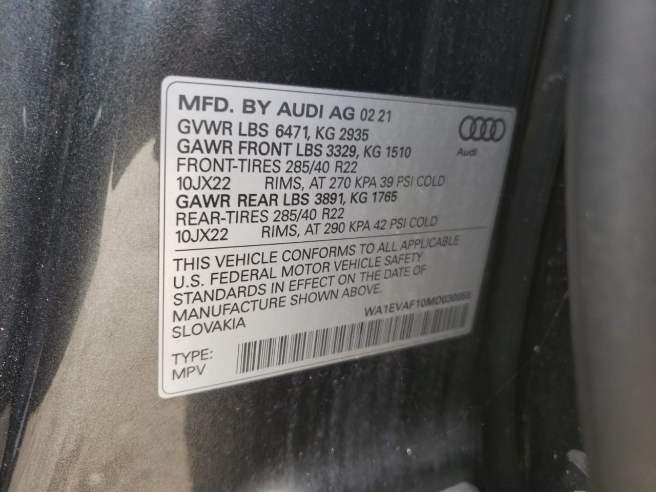 2021 Audi Q8 Premium Plus S-Line VIN: WA1EVAF10MD030055 Lot: 62982595