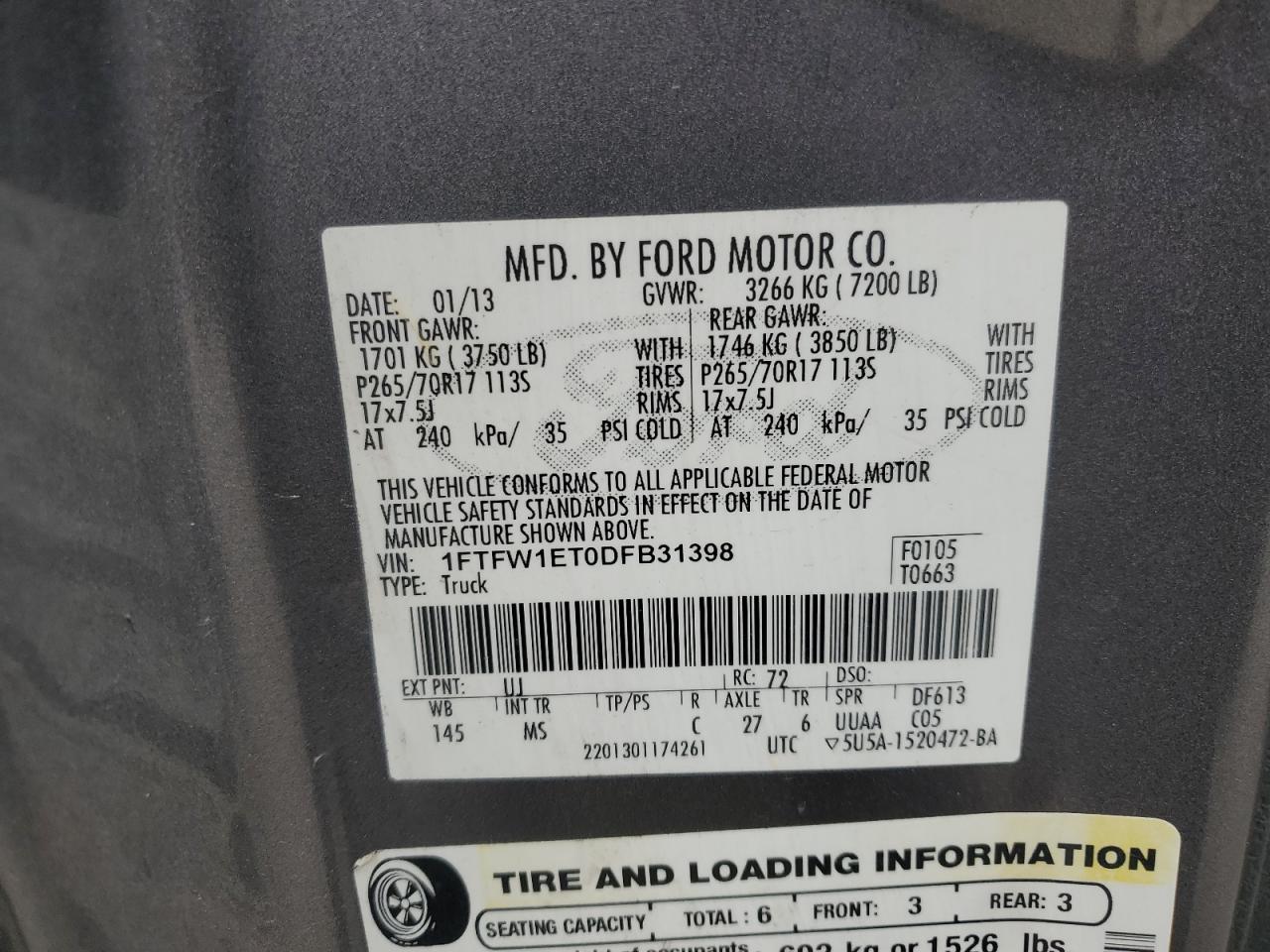 2013 Ford F150 Supercrew VIN: 1FTFW1ET0DFB31398 Lot: 62058065