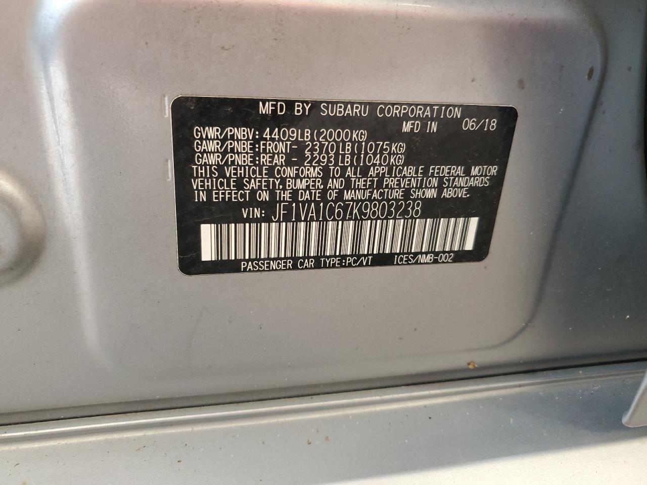 2019 Subaru Wrx Premium VIN: JF1VA1C67K9803238 Lot: 61372685