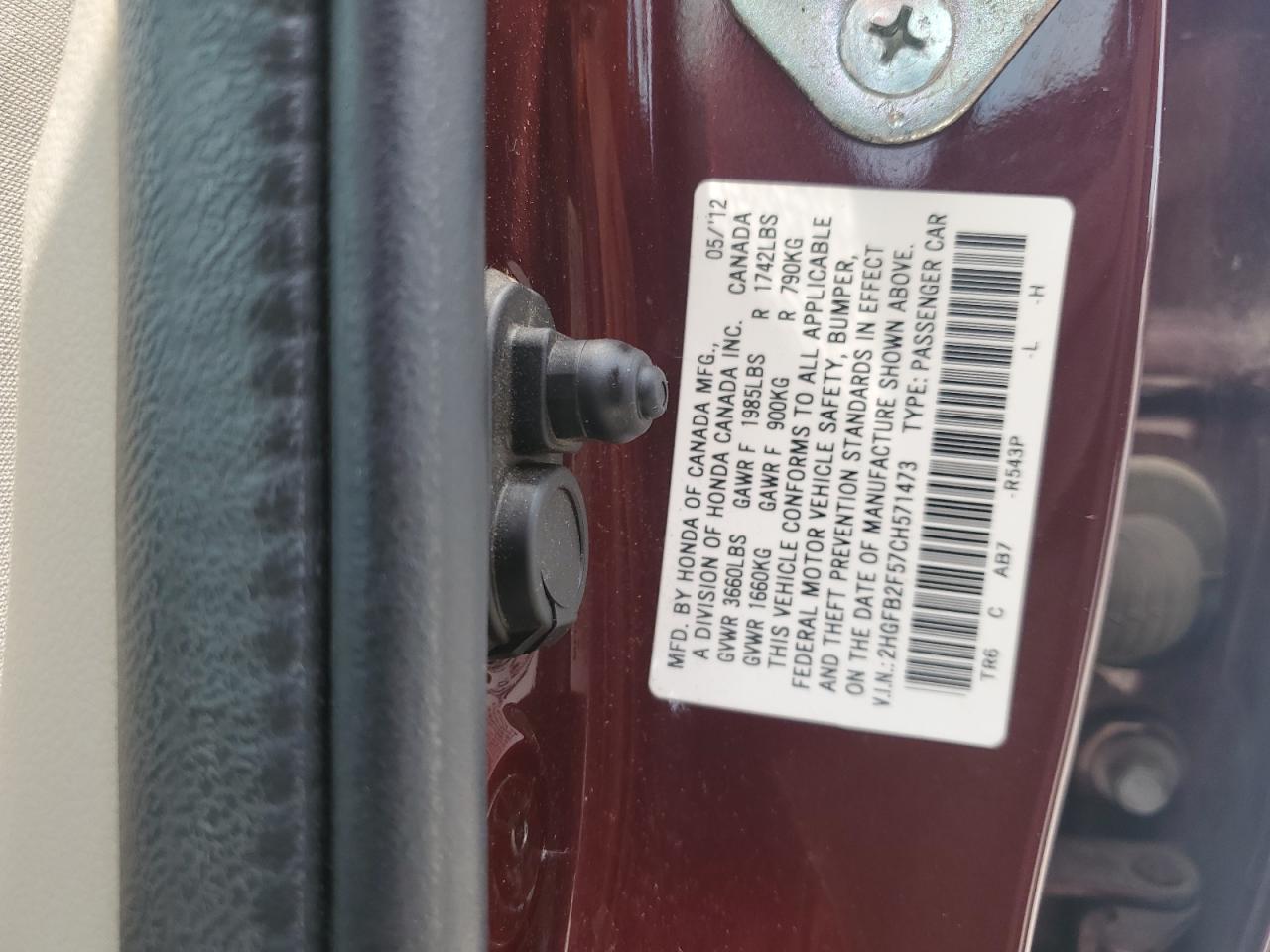 2012 Honda Civic Lx VIN: 2HGFB2F57CH571473 Lot: 62140685
