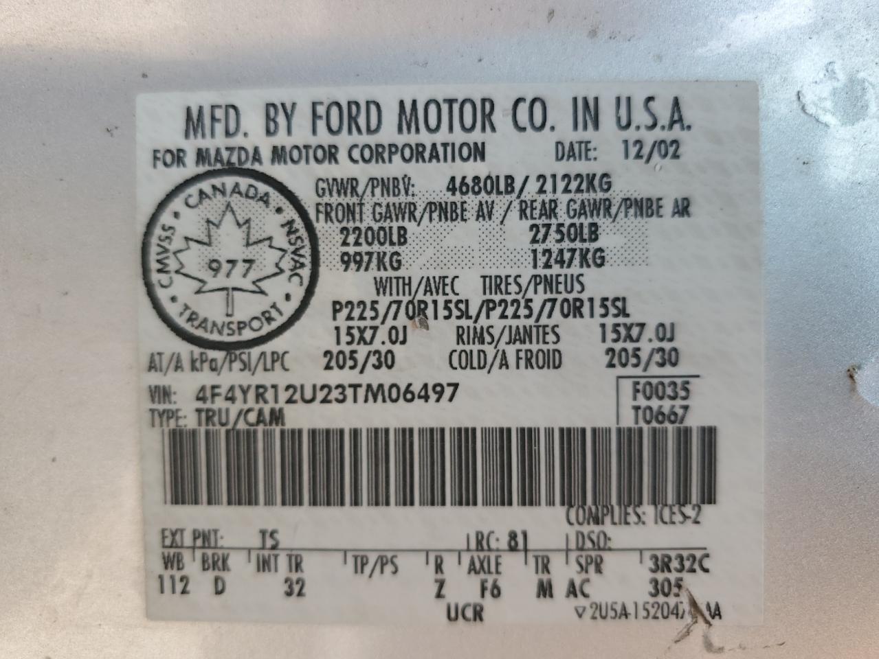 2003 Mazda B3000 VIN: 4F4YR12U23TM06497 Lot: 58660455