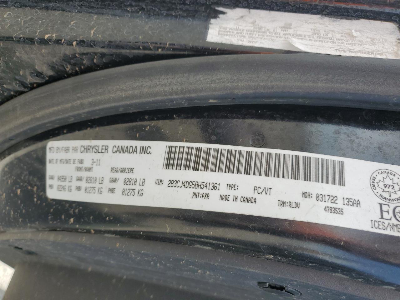2011 Dodge Challenger VIN: 2B3CJ4DG5BH541361 Lot: 61570545