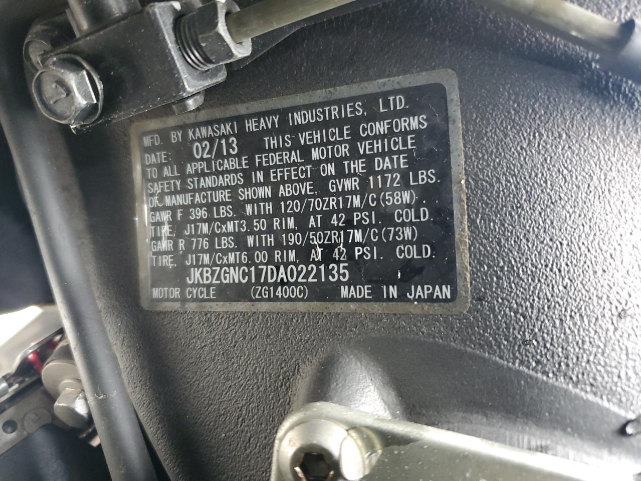 jkbzgnc17da022135 JKBZGNC17DA022135 2013 Kawasaki Zg1400 C