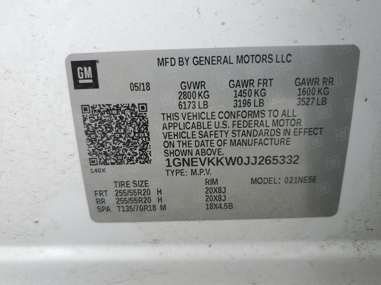 2018 Chevrolet Traverse High Country VIN: 1GNEVKKW0JJ265332 Lot: 62530725