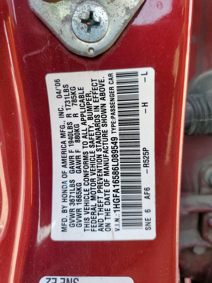 2006 Honda Civic Lx VIN: 1HGFA16586L089549 Lot: 59287685