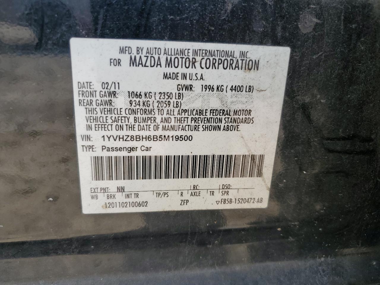 2011 Mazda 6 I VIN: 1YVHZ8BH6B5M19500 Lot: 61409405