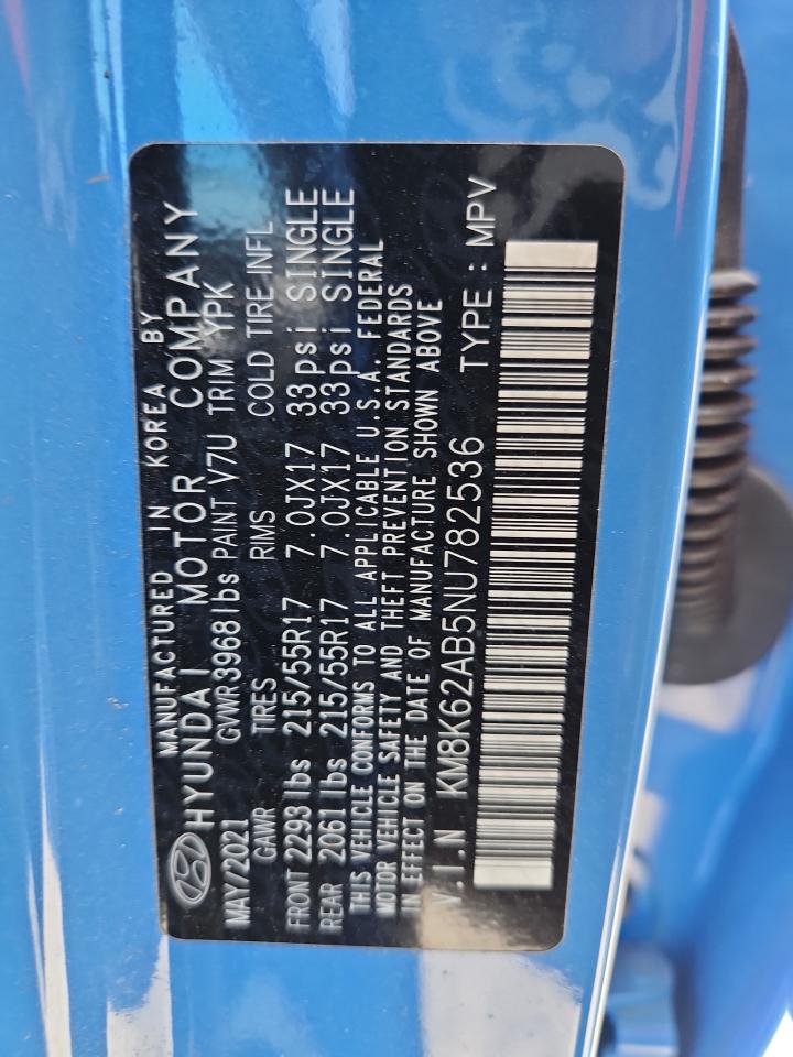 2022 Hyundai Kona Sel VIN: KM8K62AB5NU782536 Lot: 62345945