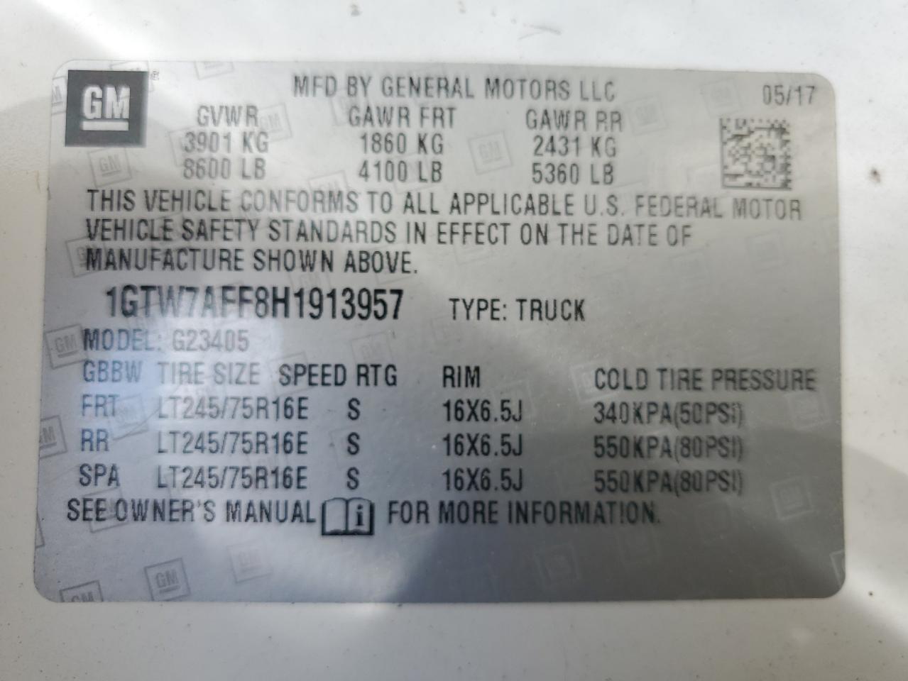 2017 GMC Savana G2500 VIN: 1GTW7AFF8H1913957 Lot: 63400455