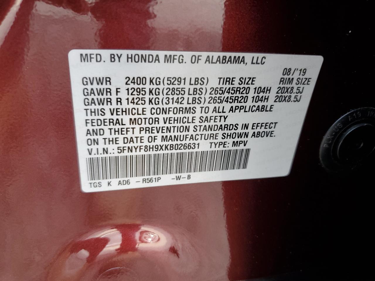 2019 Honda Passport Touring VIN: 5FNYF8H9XKB026631 Lot: 61037545