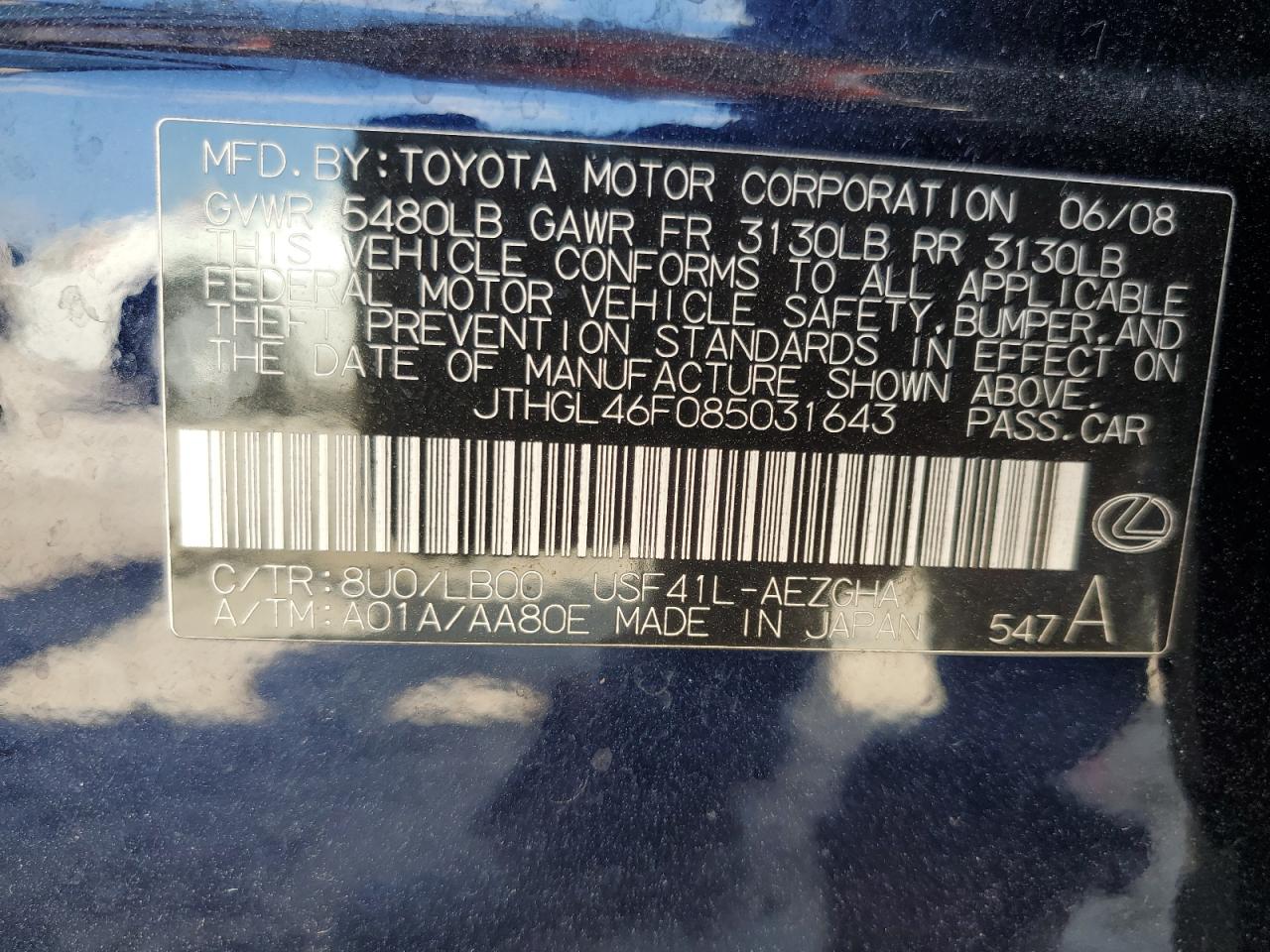 2008 Lexus Ls 460L VIN: JTHGL46F085031643 Lot: 61533335