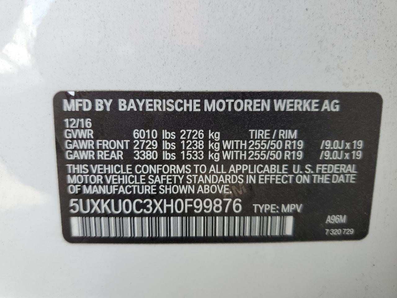 2017 BMW X6 Sdrive35I VIN: 5UXKU0C3XH0F99876 Lot: 60454805