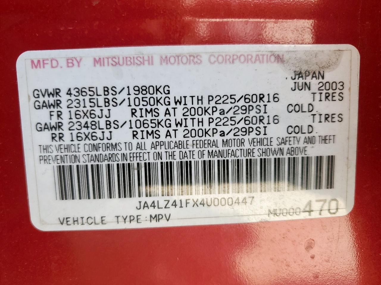 2004 Mitsubishi Outlander Xls VIN: JA4LZ41FX4U000447 Lot: 61255585