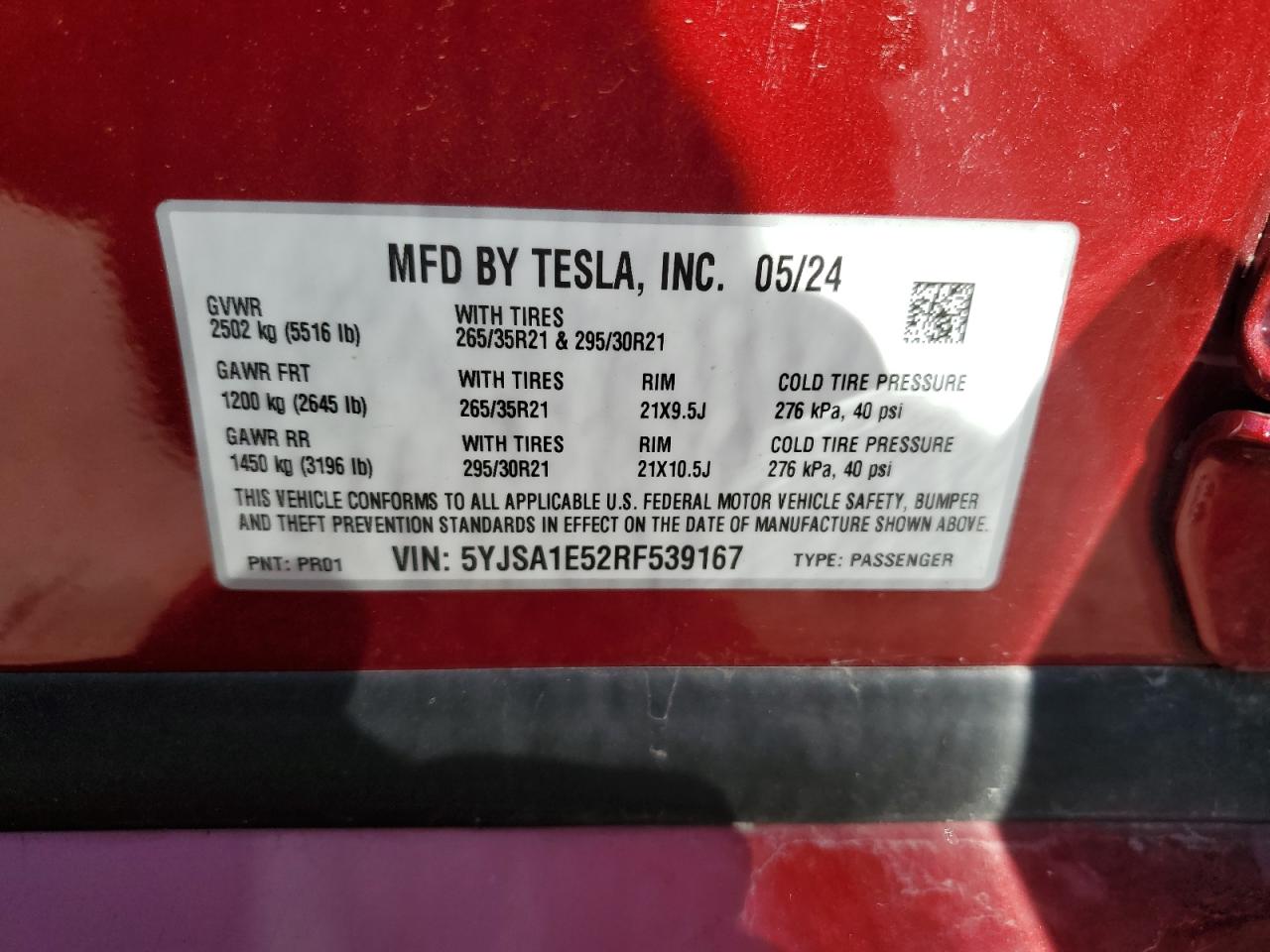 2024 Tesla Model S VIN: 5YJSA1E52RF539167 Lot: 61852985