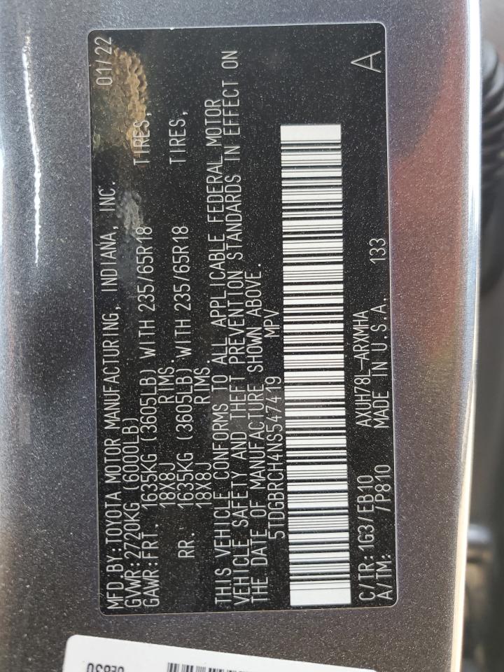 2022 Toyota Highlander Hybrid Xle VIN: 5TDGBRCH4NS547419 Lot: 62028255