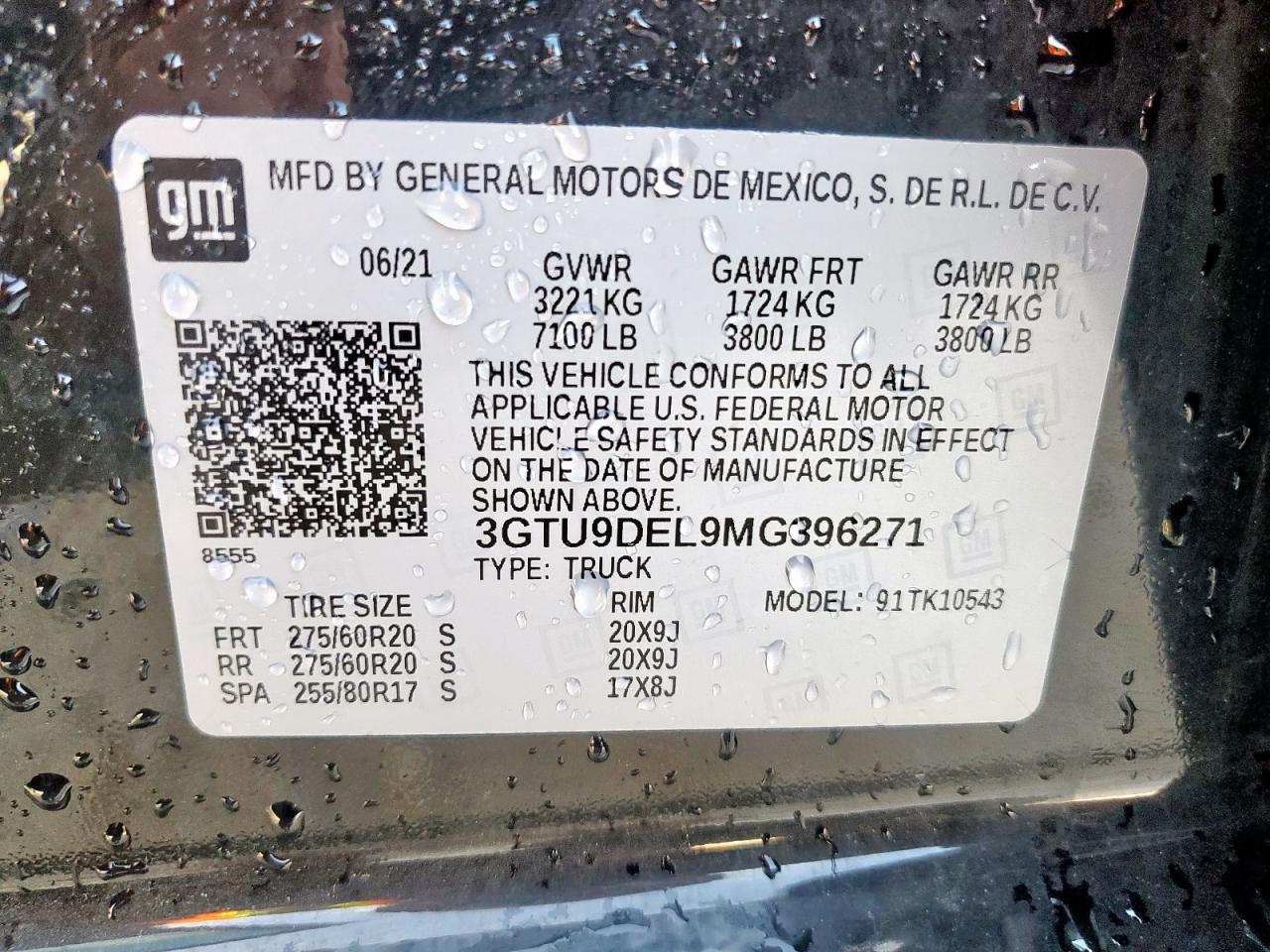 2021 GMC Sierra K1500 Slt VIN: 3GTU9DEL9MG396271 Lot: 61243775