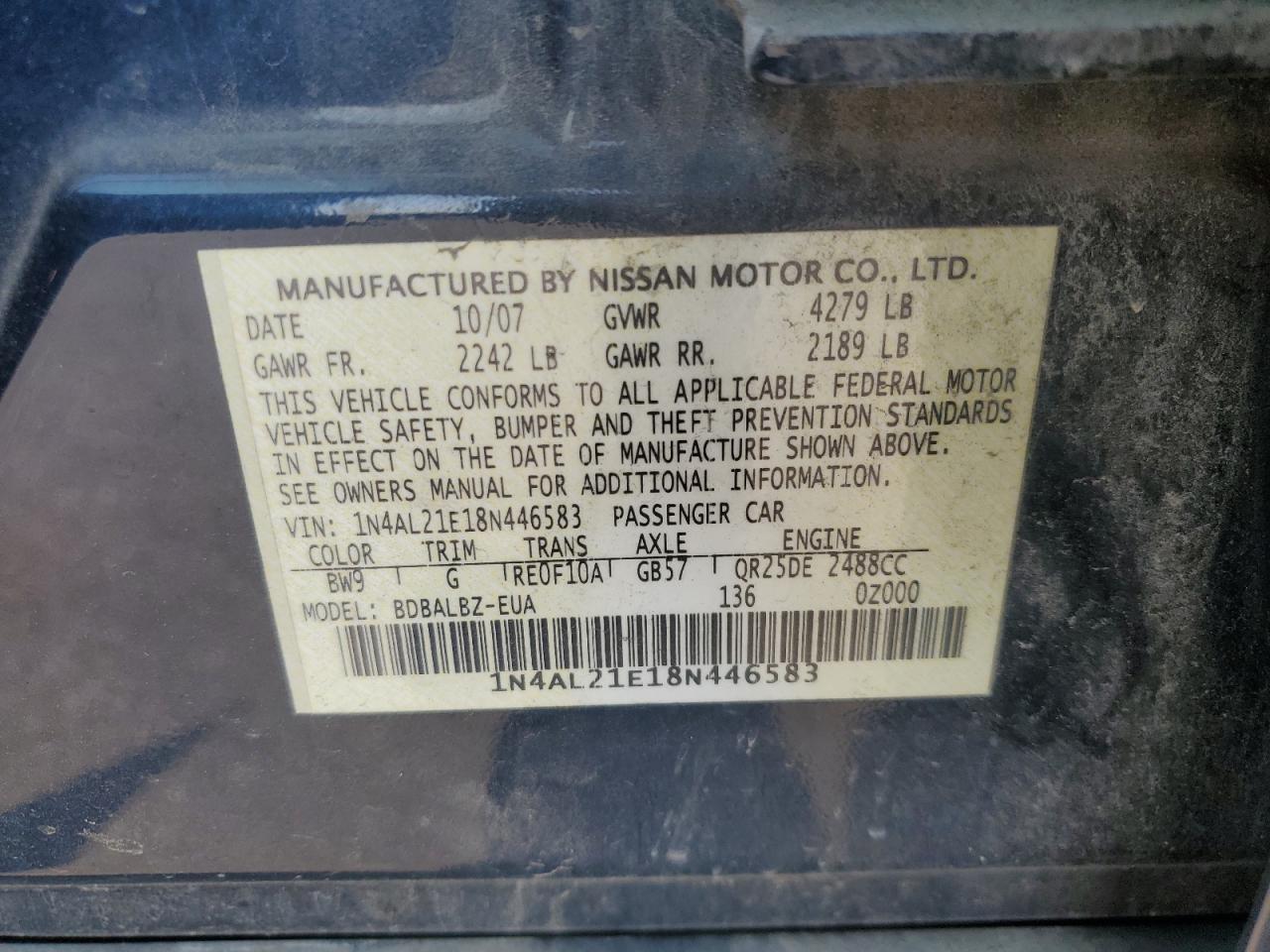 NISSAN ALTIMA 2008 VIN 1N4AL21E18N446583 фото 12