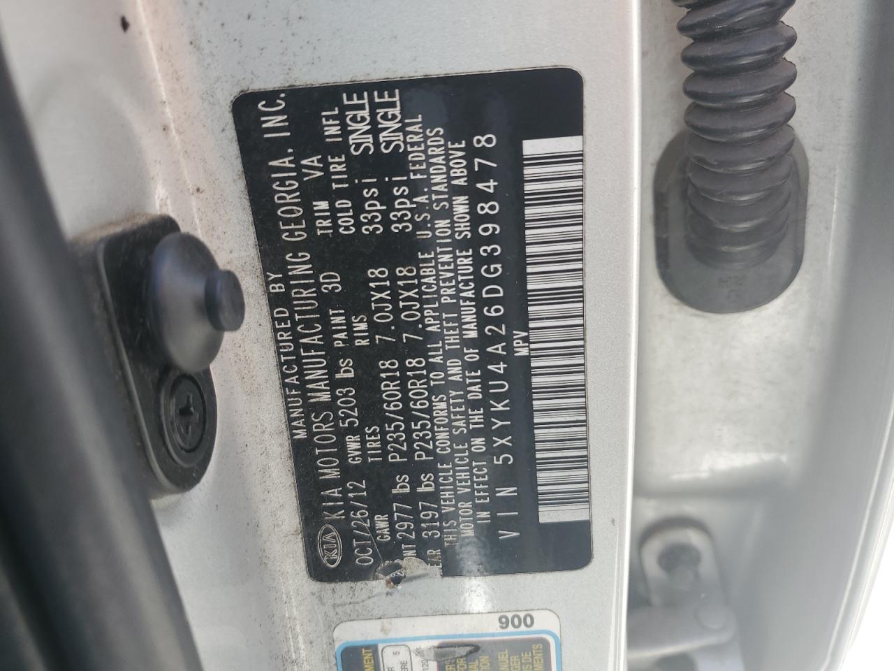 2013 Kia Sorento Ex VIN: 5XYKU4A26DG398478 Lot: 60132535