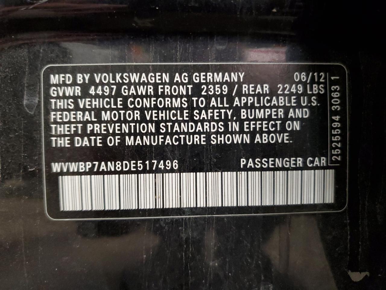 2013 Volkswagen Cc Sport VIN: WVWBP7AN8DE517496 Lot: 60572475