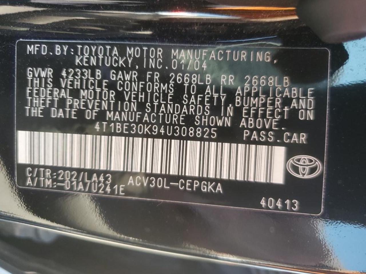 4t1be30k94u308825 4T1BE30K94U308825 2004 Toyota Camry Le