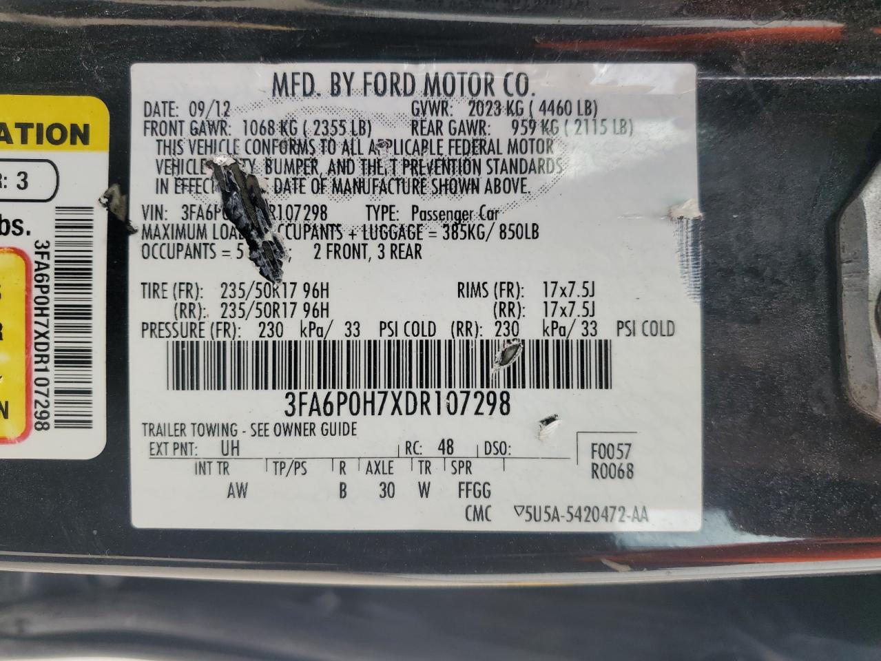 2013 Ford Fusion Se VIN: 3FA6P0H7XDR107298 Lot: 62200565