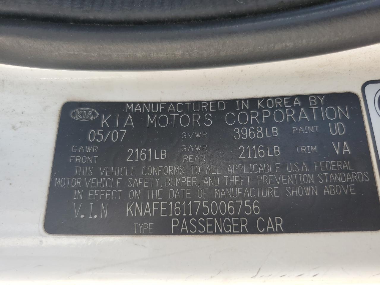 2007 Kia Spectra5 Sx VIN: KNAFE161175006756 Lot: 61765555