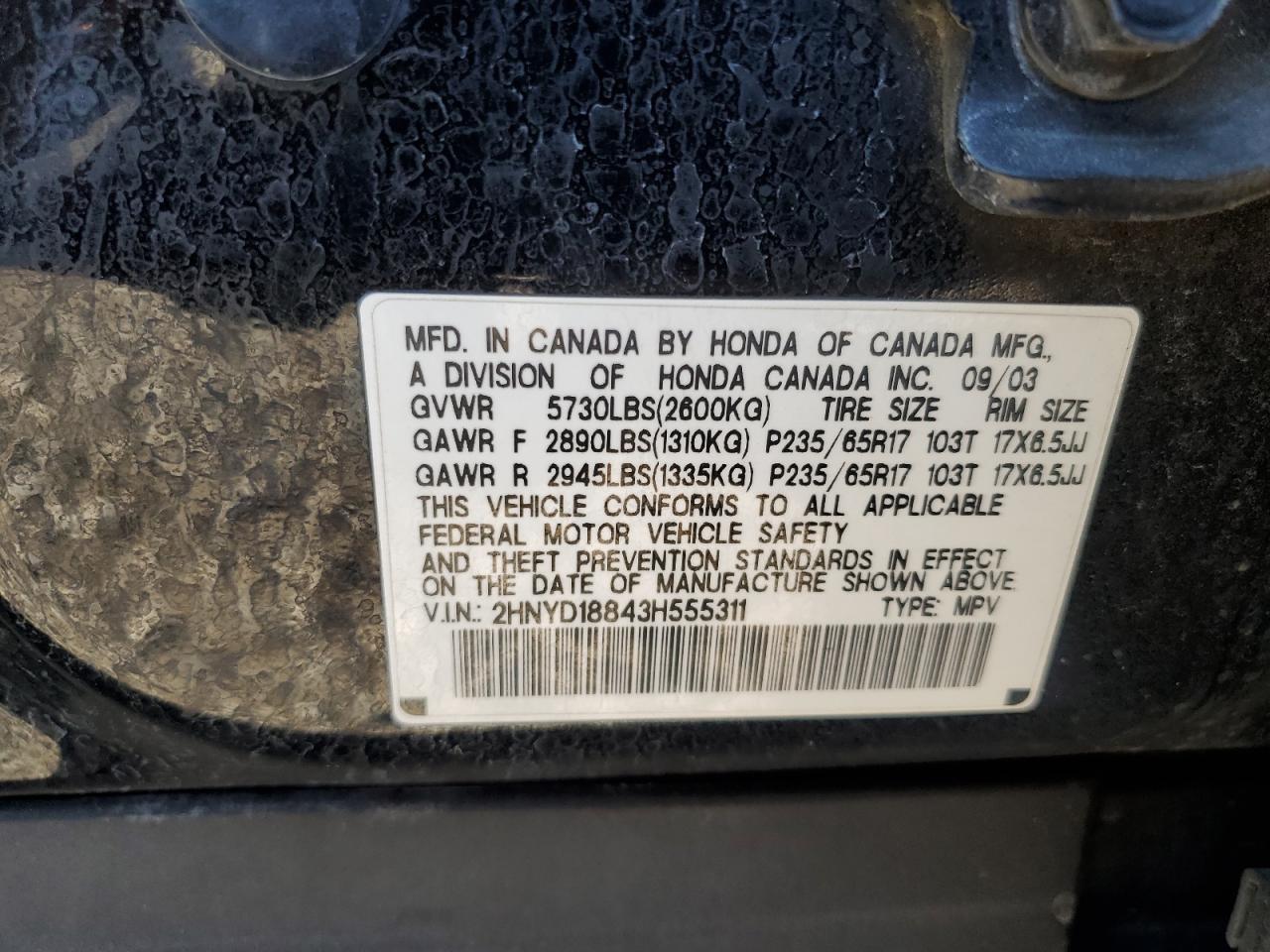2003 Acura Mdx Touring VIN: 2HNYD18843H555311 Lot: 61645895