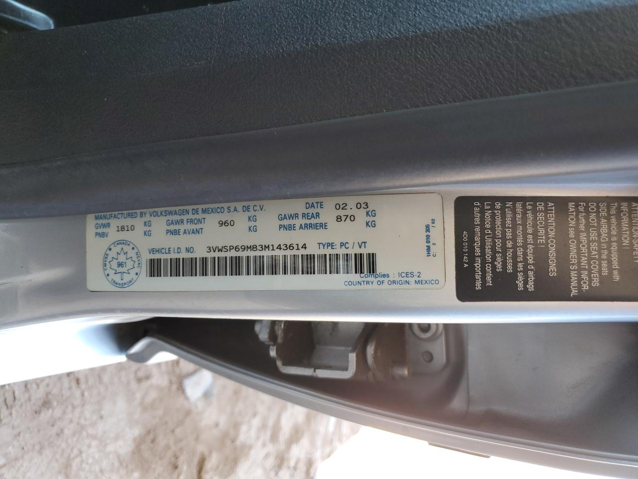 2003 Volkswagen Jetta Gls Tdi VIN: 3VWSP69M83M143614 Lot: 62389785