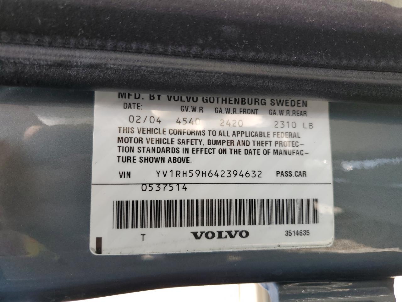 2004 Volvo S60 2.5T VIN: YV1RH59H642394632 Lot: 62356005