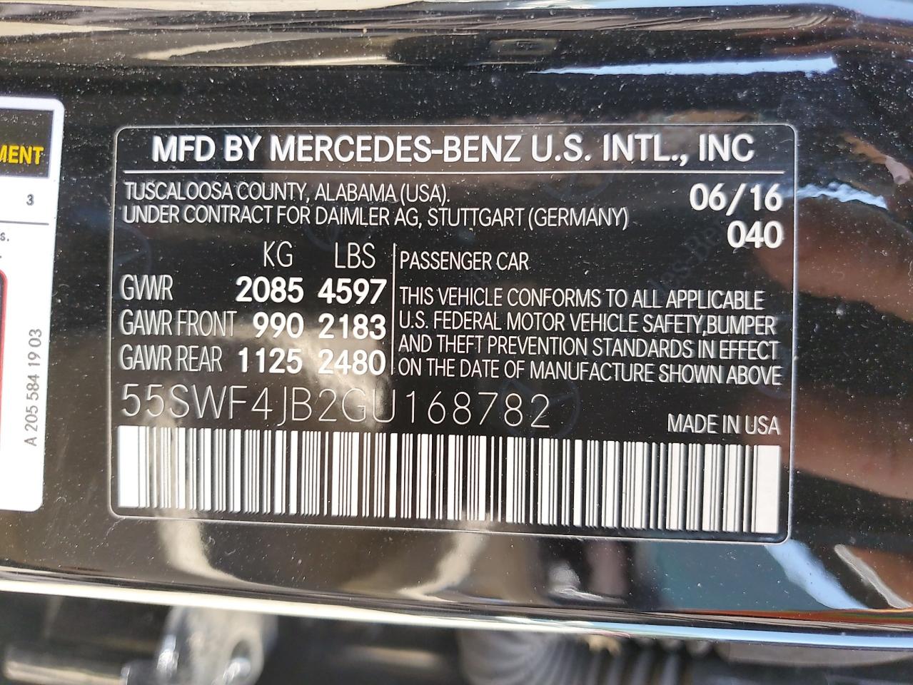 2016 Mercedes-Benz C 300 VIN: 55SWF4JB2GU168782 Lot: 62191695