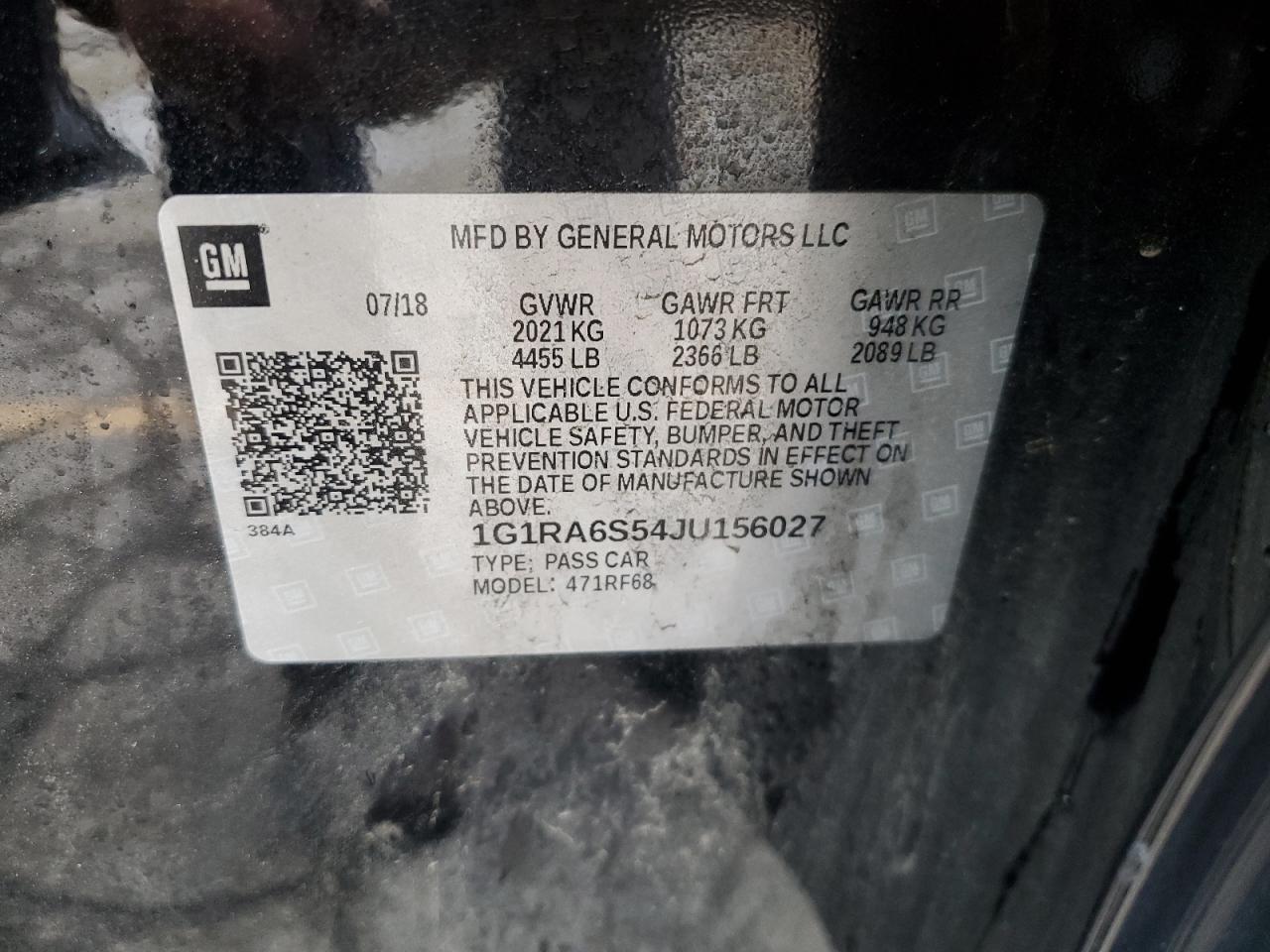 2018 Chevrolet Volt Lt VIN: 1G1RA6S54JU156027 Lot: 59714175