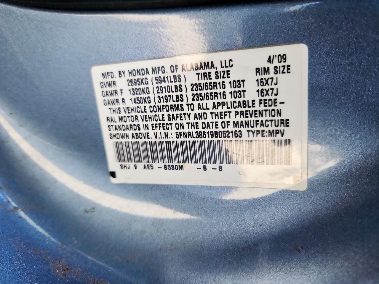 2009 Honda Odyssey Exl VIN: 5FNRL38619B052163 Lot: 71600185
