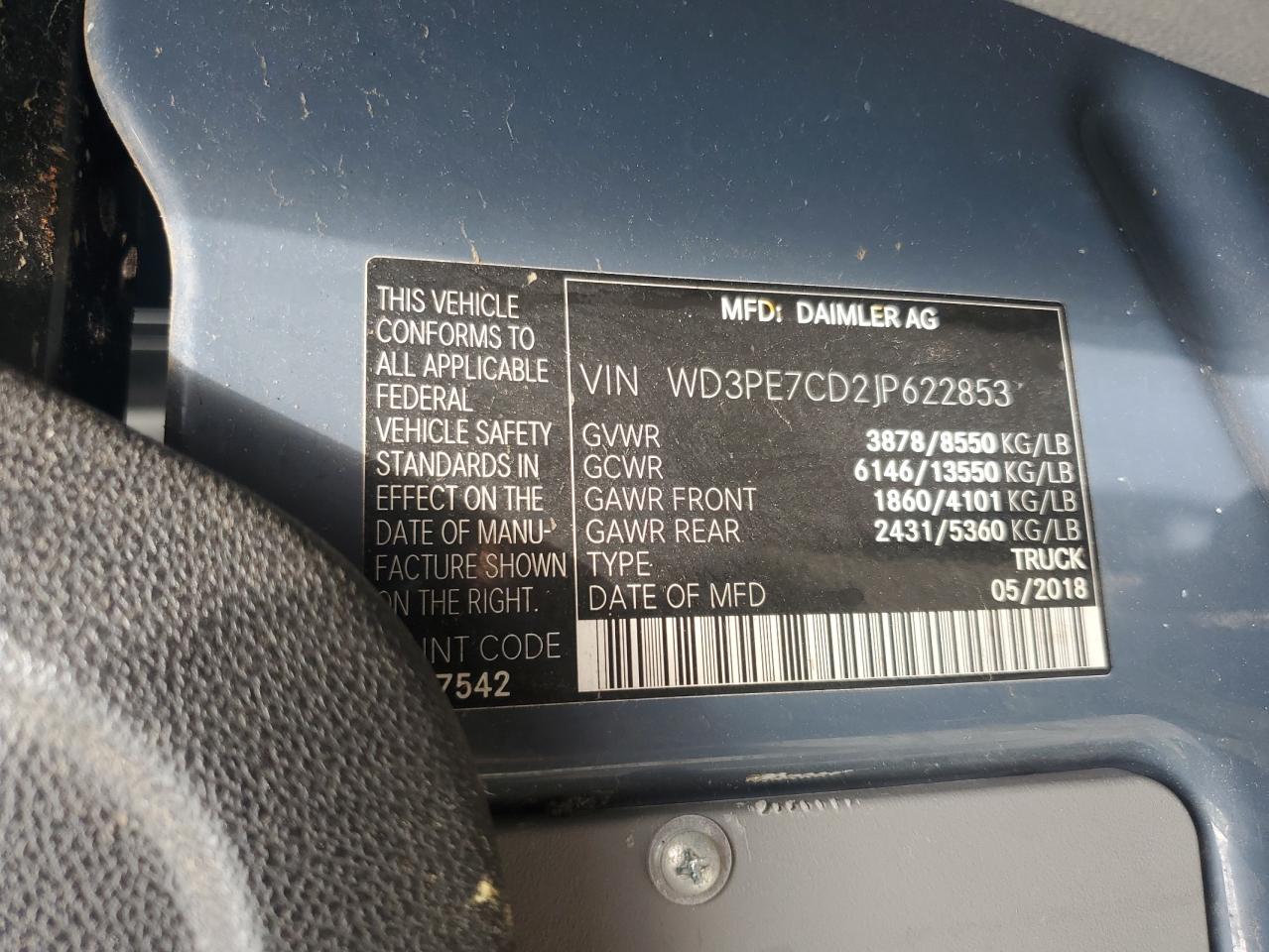 2018 Mercedes-Benz Sprinter 2500 VIN: WD3PE7CD2JP622853 Lot: 60076975