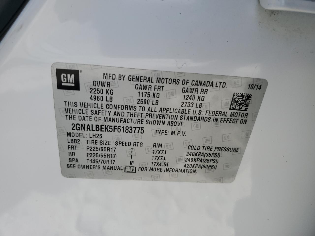 CHEVROLET EQUINOX 2015 VIN 2GNALBEK5F6183775 фото 13