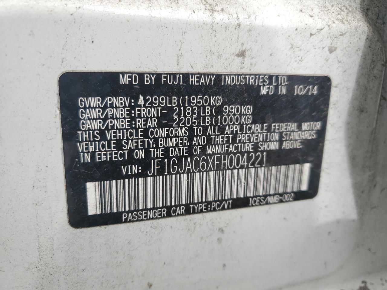 2015 Subaru Impreza Premium VIN: JF1GJAC6XFH004221 Lot: 62409745