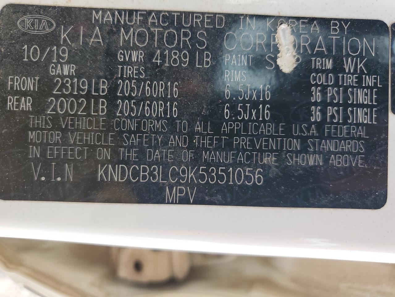 2019 Kia Niro Fe VIN: KNDCB3LC9K5351056 Lot: 60294785