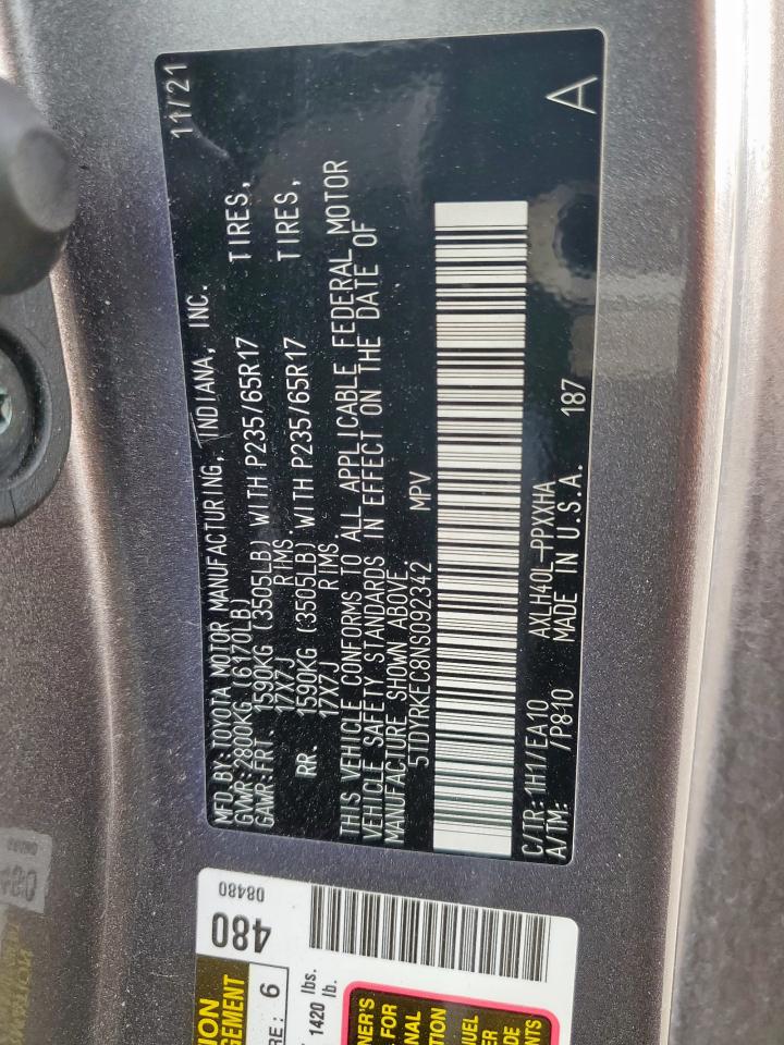 2022 Toyota Sienna Xle VIN: 5TDYRKEC8NS092342 Lot: 63000555
