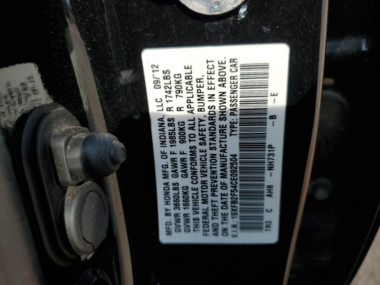 2012 Honda Civic Lx VIN: 19XFB2F54CE092504 Lot: 62132745