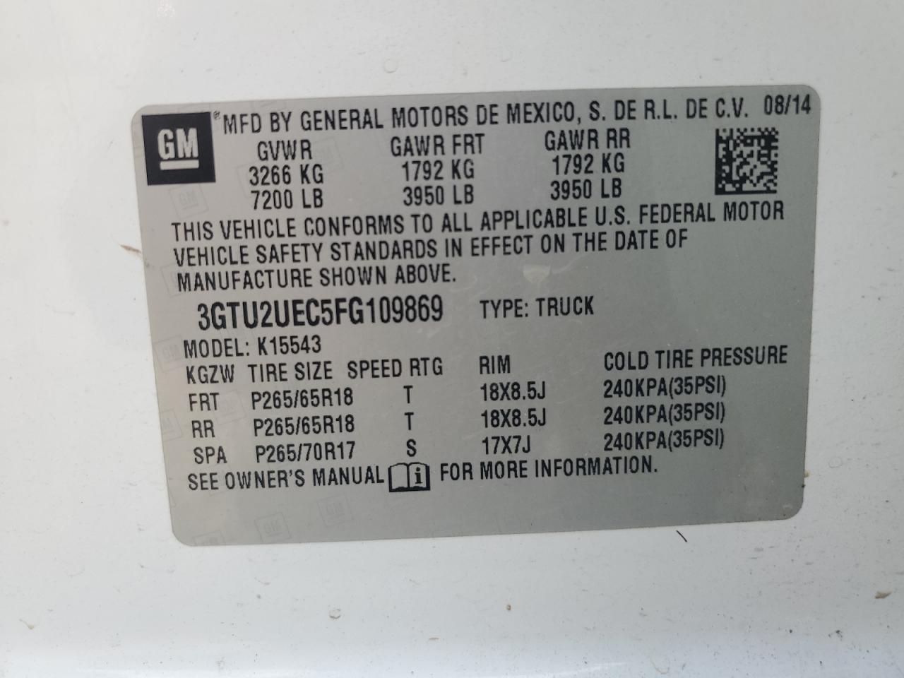 2015 GMC Sierra K1500 Sle VIN: 3GTU2UEC5FG109869 Lot: 61049675