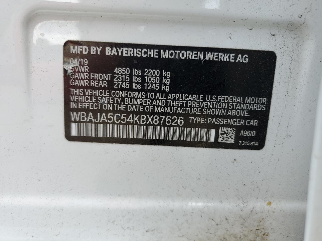 2019 BMW 530 I VIN: WBAJA5C54KBX87626 Lot: 60674065