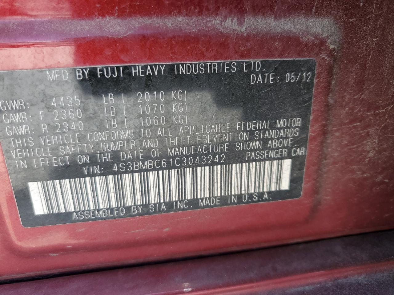 2012 Subaru Legacy 2.5I Premium VIN: 4S3BMBC61C3043242 Lot: 62866635